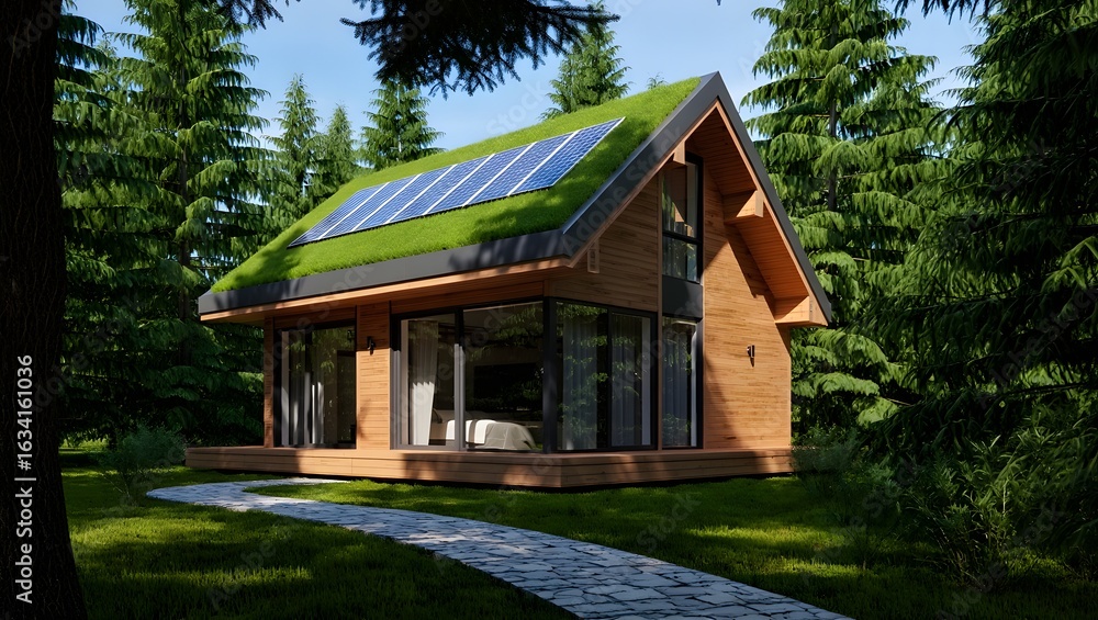 Modern eco friendly cabin with green roof and solar panels in a forest setting Modern eco friendly cabin with green roof and solar panels in a forest setting
