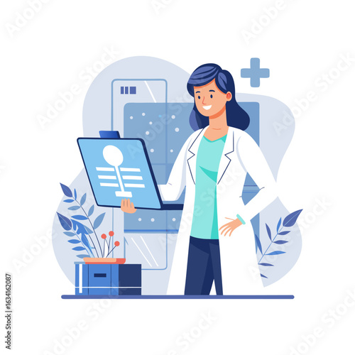 Female Doctor Analyzing X-Ray on Digital Touchscreen Monitor – Modern Medical Technology Vector Illustration for Healthcare and Diagnostics Concepts