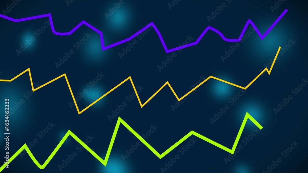 Naklejka premium Abstract financial chart illustration with three colored lines on a dark blue background representing data trends and analysis