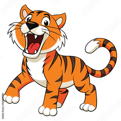 A cartoon tiger with its mouth open, displaying sharp teeth and a playful expression