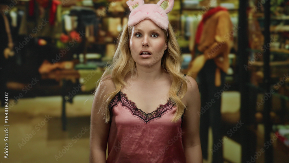 Fototapeta premium Blonde woman in nightwear with a pink sleep mask stands in a clothing shop setting, expressing curiosity amidst the stylish displays and colorful outfits.