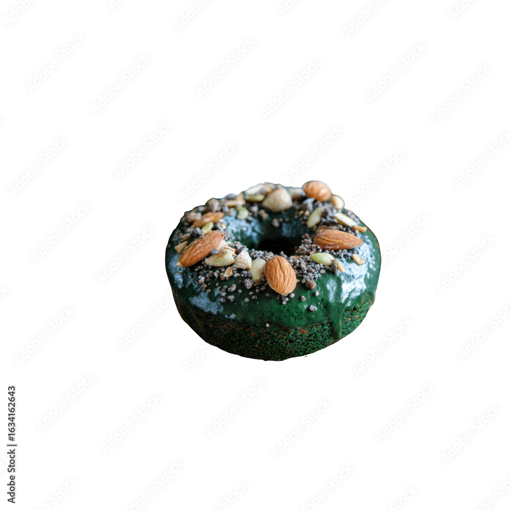Fototapeta premium Delicious Green Matcha Donut Topped with Almonds and Seeds