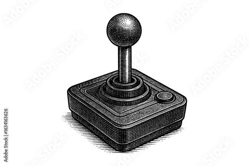 Retro gaming joystick in detailed black and white stippling style