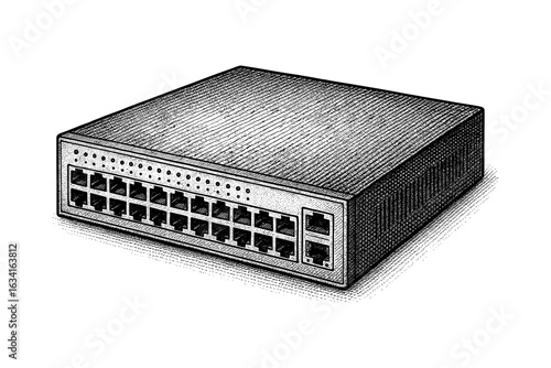 Engraved style network switch with multiple ports for technology and connectivity themes