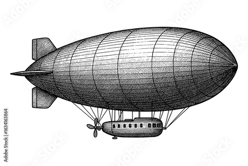 Vintage airship engraving: detailed monochrome printable design of a classic dirigible