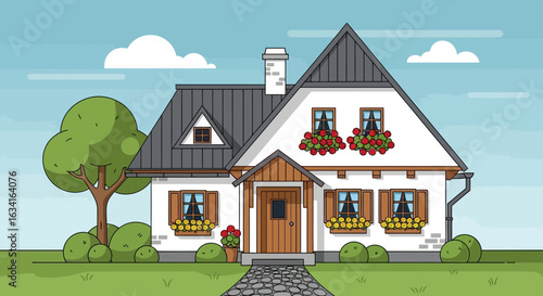 Charming Detached Home With Flower Boxes In A Cartoon Style