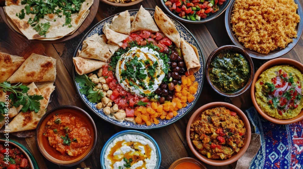 Fototapeta premium Colorful Array of Middle Eastern Dishes on a Traditional Table
