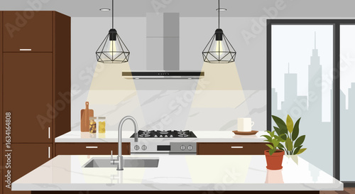 Modern Kitchen Interior Design With Marble Countertops And City View