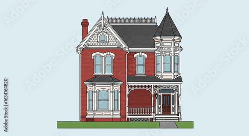 Victorian House Vector Illustration In Red And Gray Colors