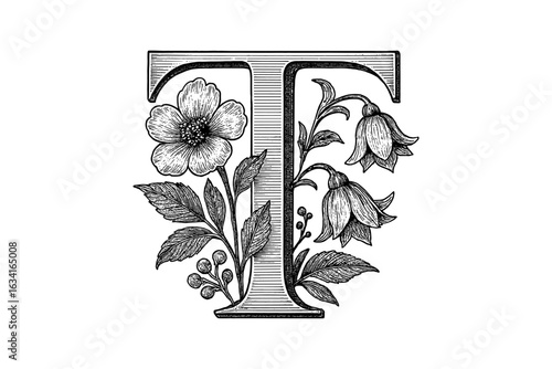 Intricate floral letter t with vintage botanical elements