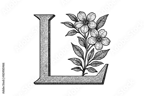 Elegant floral monogram with l letter in ornate vintage style