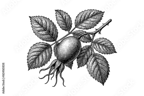 Intricate botanical rose hip drawing with detailed leaves in vintage style