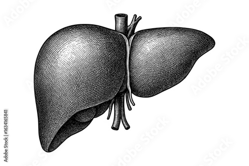 Detailed anatomical liver drawing in vintage engraving style