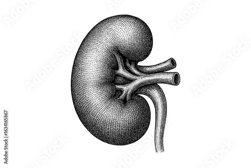 Vintage engraving of a human kidney organ with intricate detail