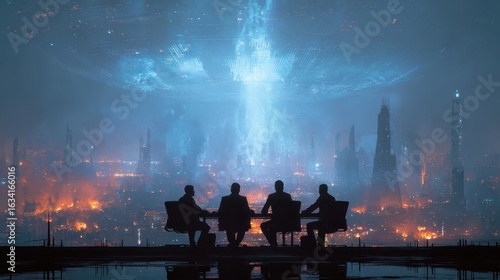 Silhouetted figures convene against a burning futuristic cityscape. Perfect for illustrating crisis management, strategy, and leadership.
