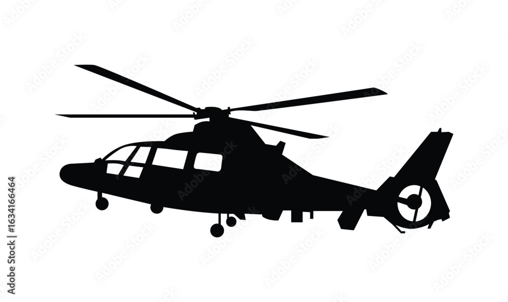 Fototapeta premium Military helicopter silhouette flying against dark background