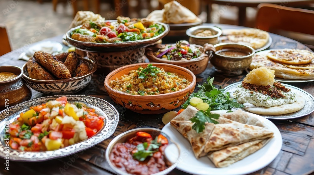 Obraz premium Colorful Mediterranean Feast with Various Dishes on Wooden Table