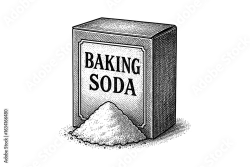 Vintage baking soda box with powder pile in engraved style