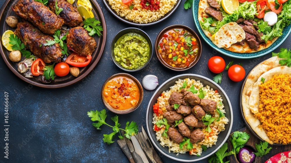 Fototapeta premium Colorful Feast with Diverse Dishes and Fresh Ingredients on Table