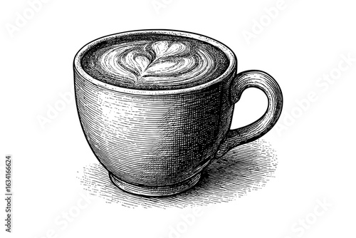 Detailed hand drawn coffee cup with heart latte art on white background