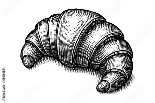 Vintage croissant art with detailed retro style in monochrome ink stippling