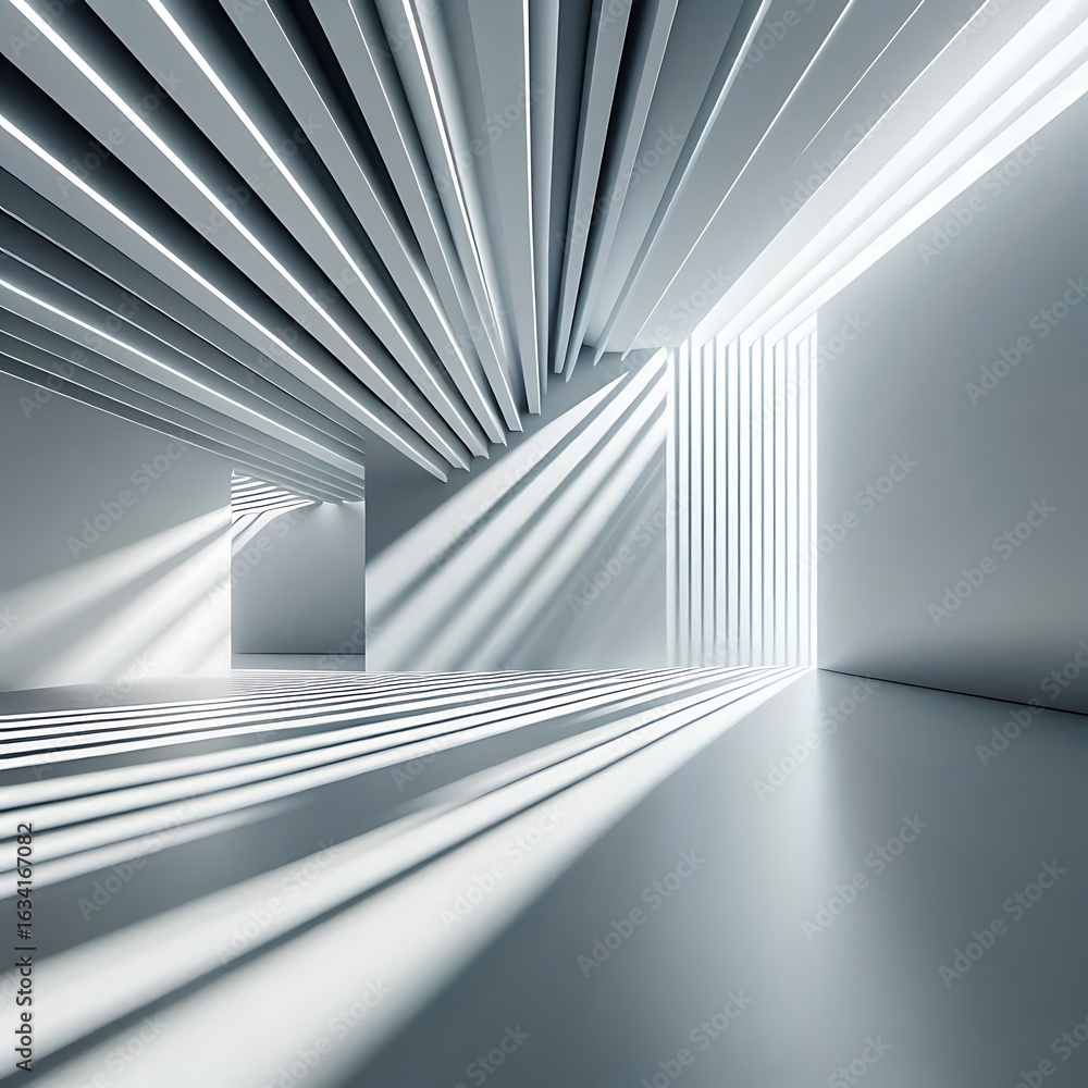 Fototapeta premium Abstract architectural interior with dramatic light and shadow patterns isolated on white background