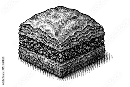 Hand-drawn baklava slice with detailed layers and textured filling