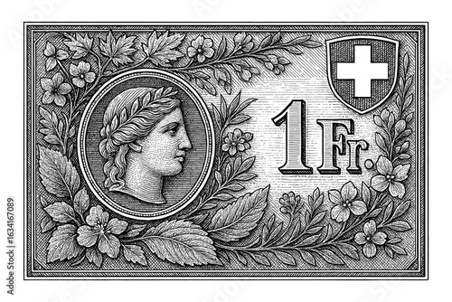 Swiss franc decorative banknote with classical portrait and ornate botanical design