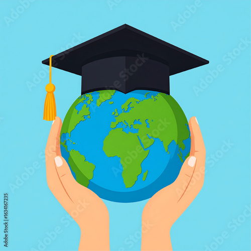Hands holding a globe wearing a graduation cap, symbolizing global education and academic achievement.