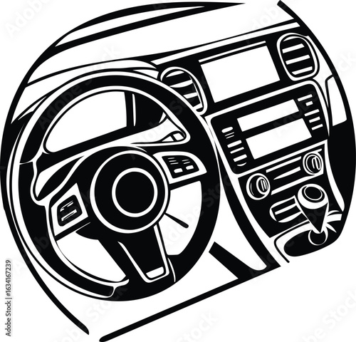 Modern car interior dashboard and steering wheel black and white