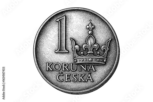 Detailed czech one koruna coin with crown emblem in engraved style