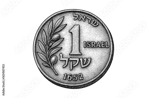 Intricate coin design with olive branch and hebrew text