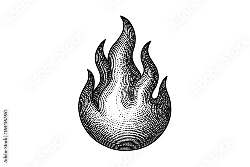Hand drawn engraved black and white flame illustration with vintage etching style elements