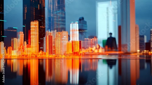 Futuristic Cityscape Model Illuminated in Vivid Orange