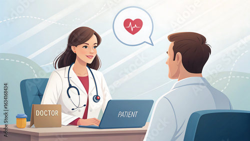 Doctor and Patient Consultation Cardiovascular Health Illustration Healthcare Professionals Discussing Medical Condition and Treatment Plan in Clinic