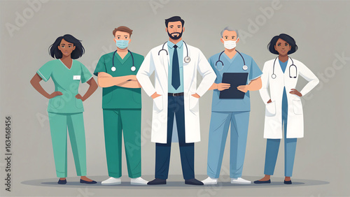 Diverse Team of Healthcare Professionals Standing Together Illustration for Medical and Health Industry Applications