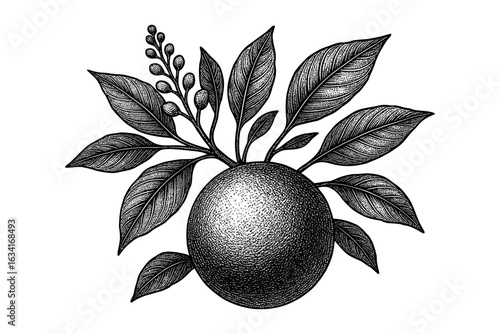 Intricate botanical orange with detailed leaves and branches in vintage style