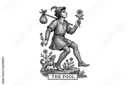 The fool: vintage tarot card depiction with floral and canine elements