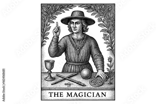 Intricate tarot card depicting the magician in vintage style