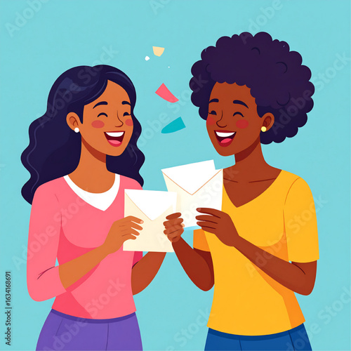 Two joyful Black women share and celebrate receiving exciting mail together.