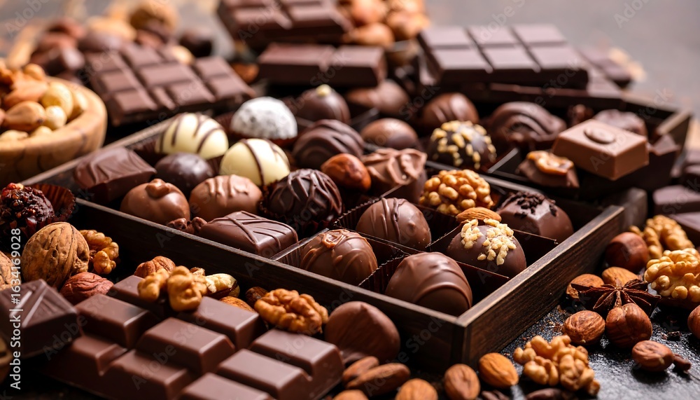 Indulgent assortment of artisan chocolates and nuts, a symphony of rich textures and flavors for Indulgent assortment of artisan chocolates and nuts, a symphony of rich textures and flavors for