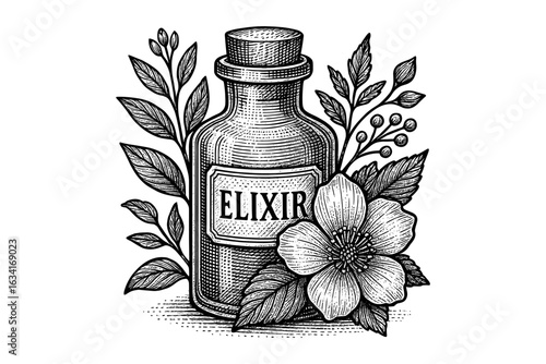 Vintage apothecary elixir bottle with floral design in detailed hand drawn style