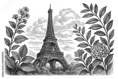 Detailed vintage paris scene with eiffel tower and floral elements