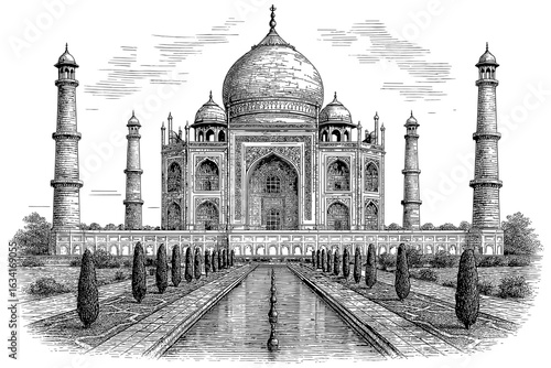 Intricate linear artwork of the taj mahal with detailed architectural elements