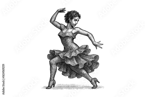 Elegant vintage dancer in detailed engraving style performing latin dance