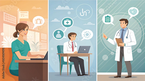 Healthcare Professionals Providing Telemedicine Services Online Consultations and Remote Patient Care with Doctors and Nurses Using Technology for Medical Assistance