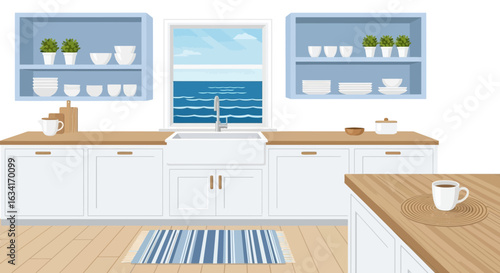 Coastal Inspired Kitchen Interior With View To The Ocean
