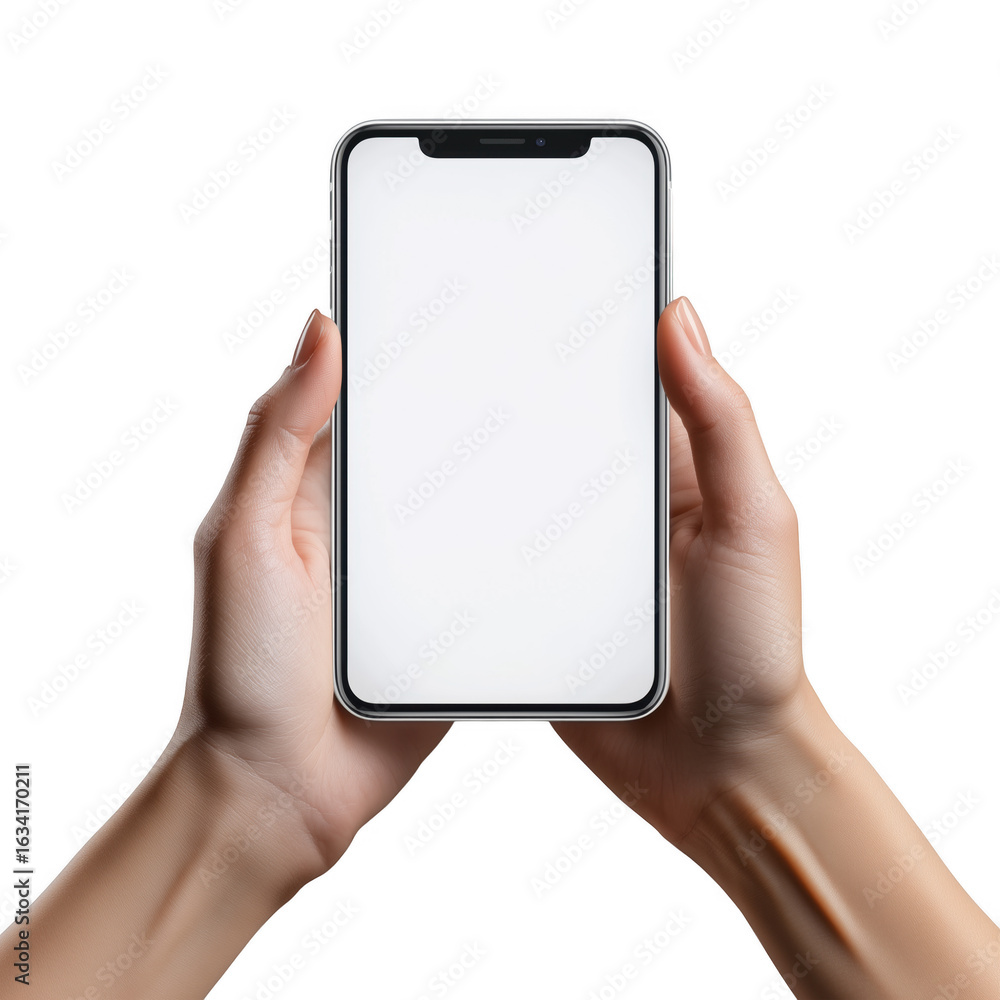 Person holding a modern smartphone with blank white screen against transparent background