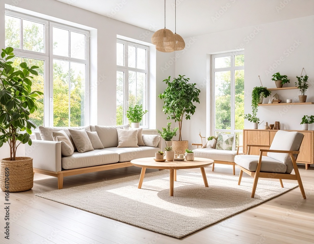 Fototapeta premium A cozy modern minimalist living room, white walls, light wood furniture, indoor plants, natural lighting from large windows, clean and elegant, soft neutral color palette, Scandinavian style, realisti