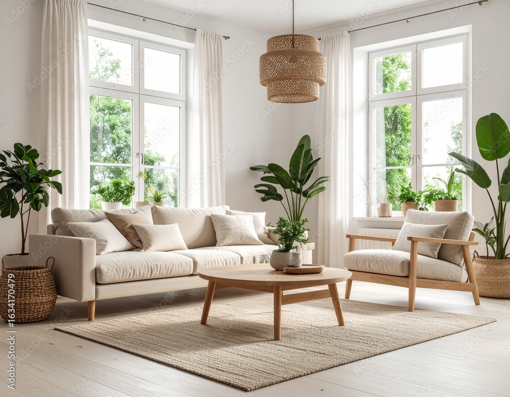 Fototapeta premium A cozy modern minimalist living room, white walls, light wood furniture, indoor plants, natural lighting from large windows, clean and elegant, soft neutral color palette, Scandinavian style, realisti